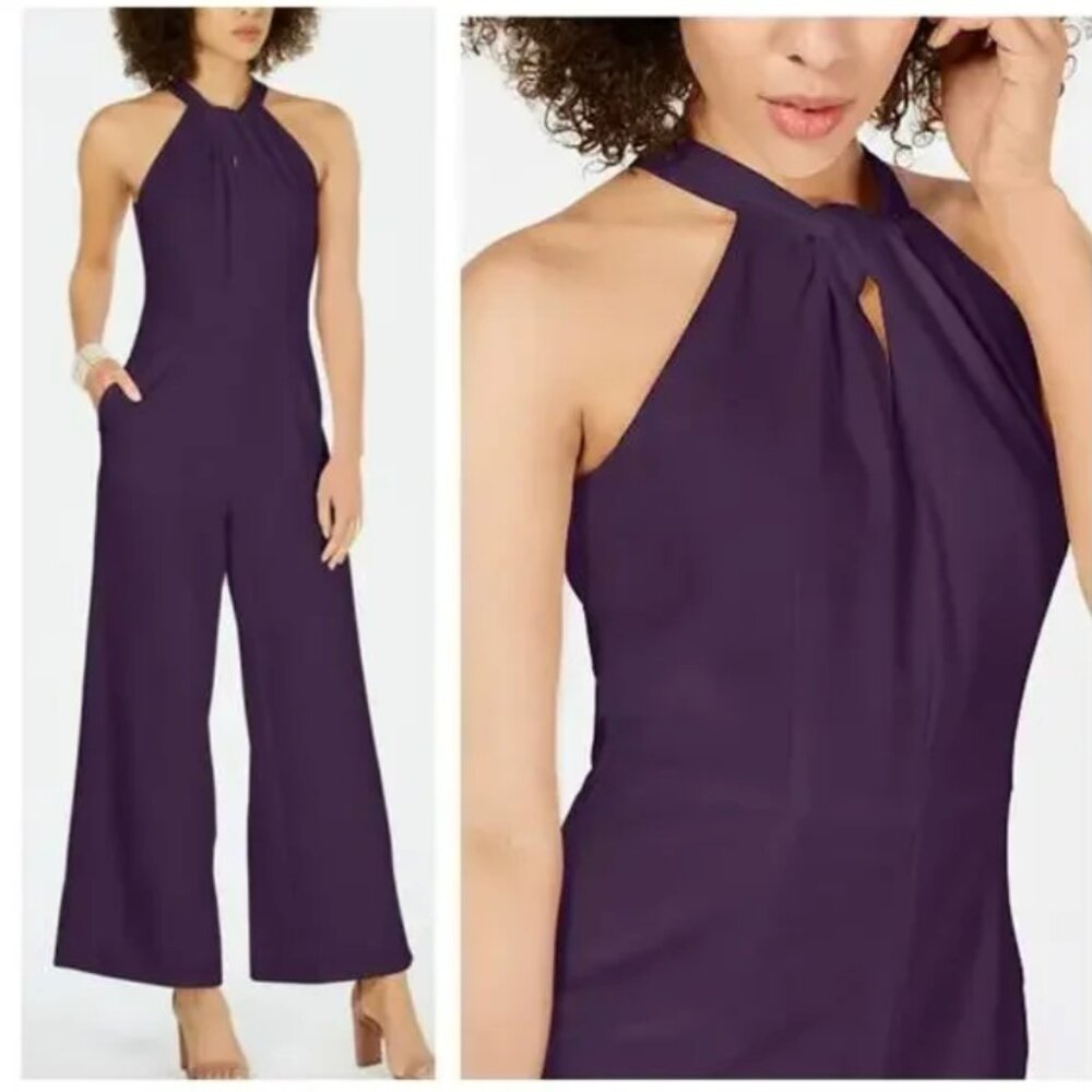 julia jordan Sleeveless Halter Wide-Leg Jumpsuit in Deep Purple